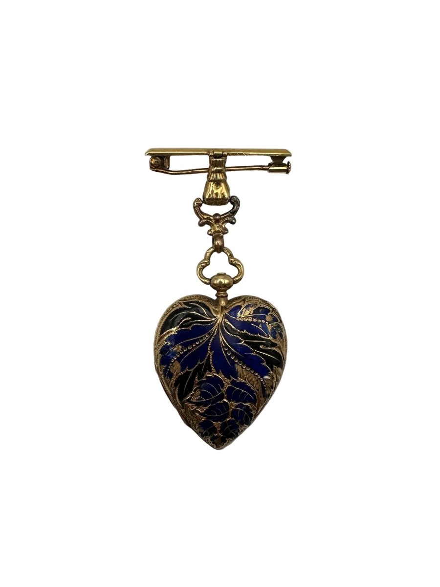 Broche Médaillon Coeur en Or Jaune, émail et Diamants - Castafiore