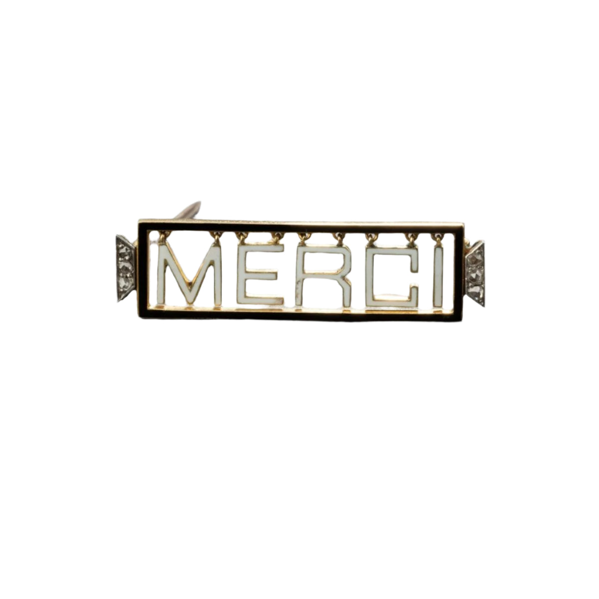Broche 'Merci" en or jaune 18K et platine, émaillée, encadrée de diamants. - Castafiore