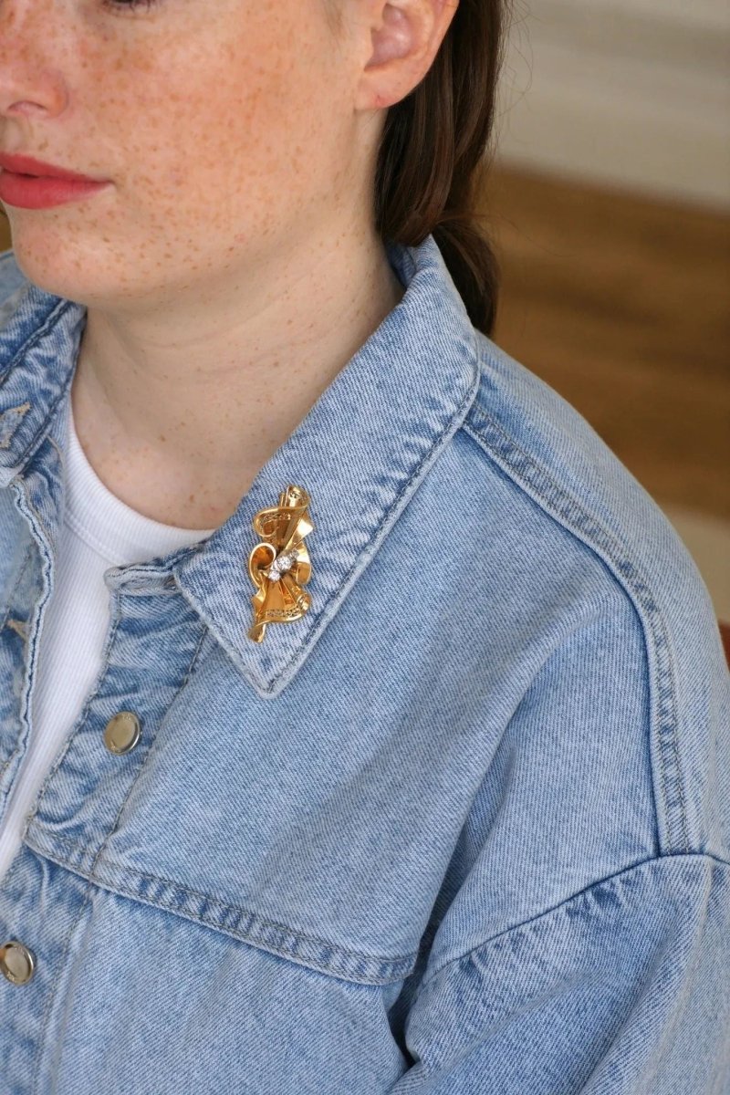 Broche Noeud Années 50 Diamants Or Rose - Castafiore