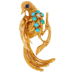 Broche oiseau en or jaune, saphir et diamant - Castafiore