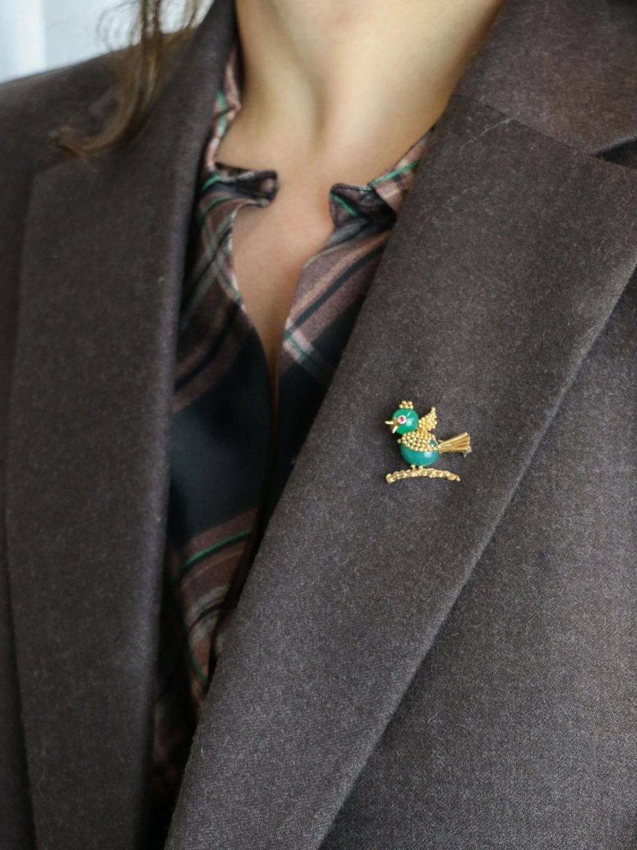 Broche oiseau vintage or jaune chrysoprase rubis - Castafiore