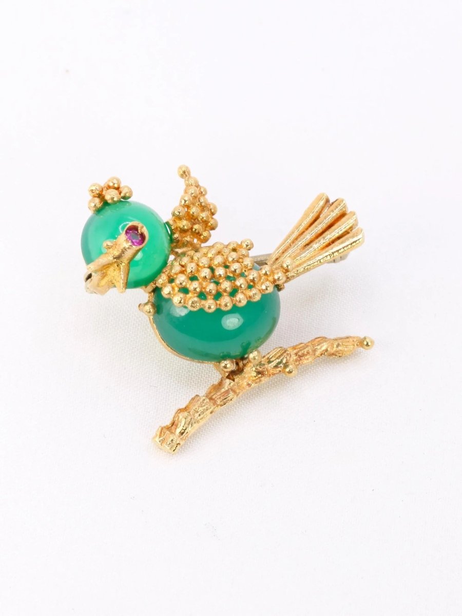 Broche oiseau vintage or jaune chrysoprase rubis - Castafiore
