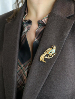 Broche oiseau vintage or jaune saphir turquoise diamant - Castafiore