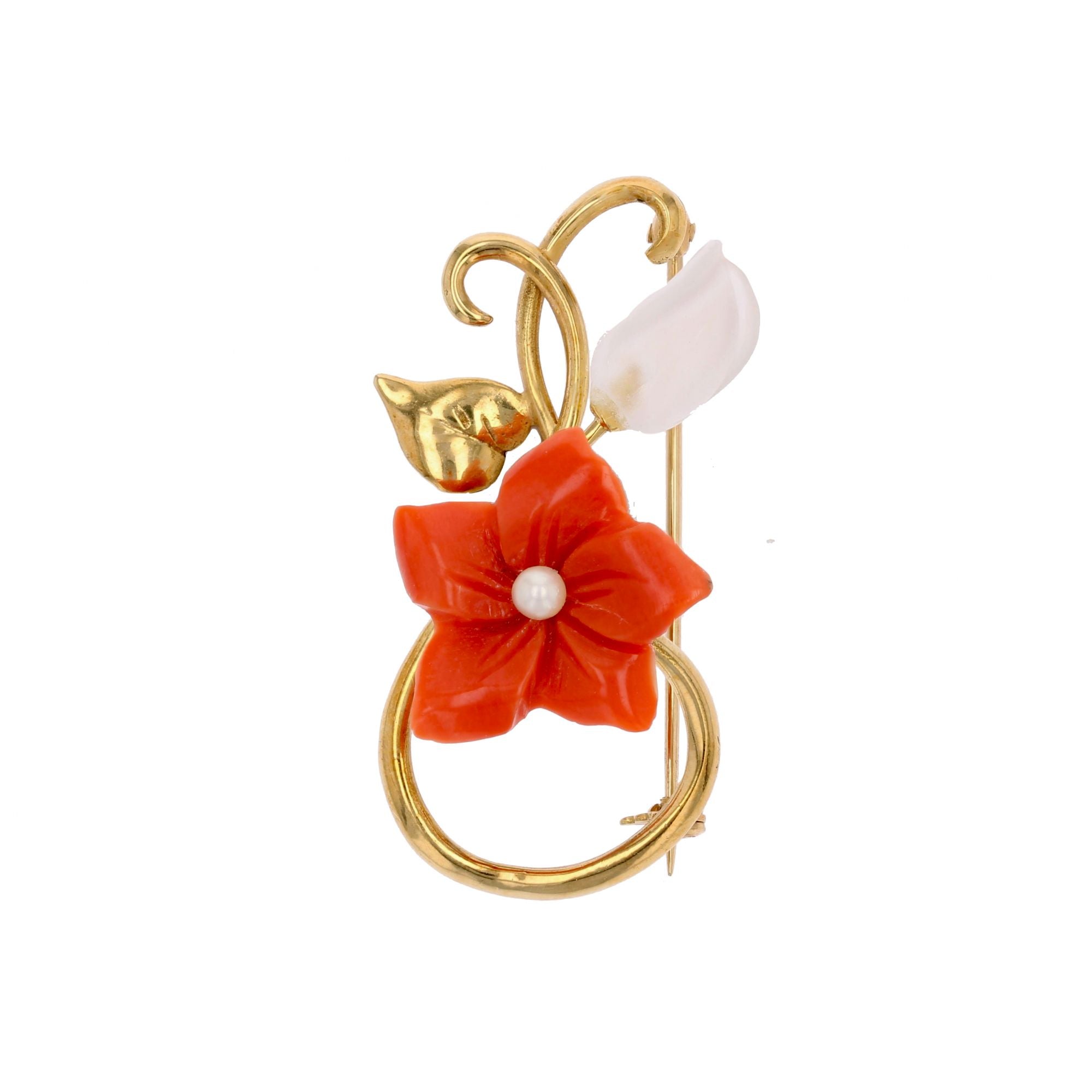 Broche or jaune corail perle et cristal de roche