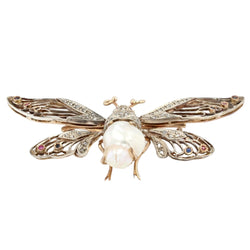Broche PAPILLON Articulé en or jaune perle baroque diamants saphirs rubis - Castafiore