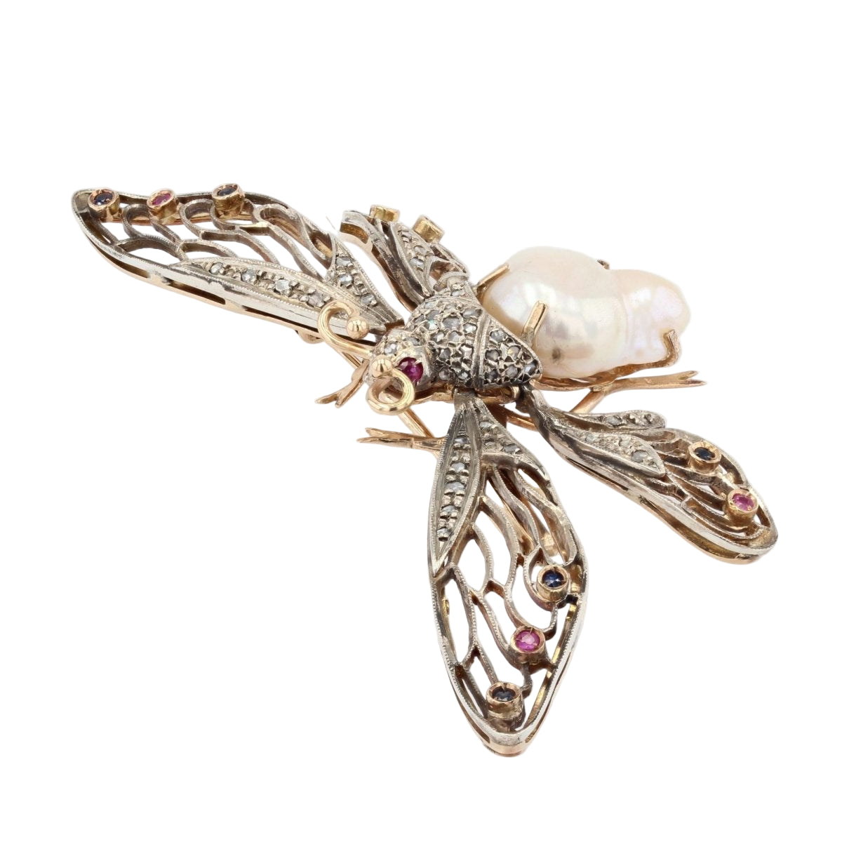 Broche PAPILLON Articulé en or jaune perle baroque diamants saphirs rubis - Castafiore