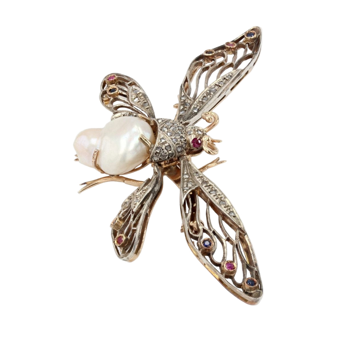 Broche PAPILLON Articulé en or jaune perle baroque diamants saphirs rubis - Castafiore