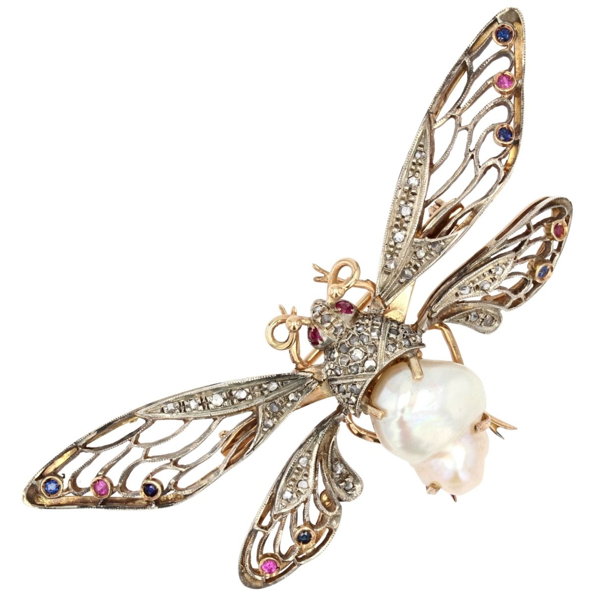 Broche PAPILLON Articulé en or jaune perle baroque diamants saphirs rubis - Castafiore