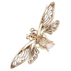 Broche PAPILLON Articulé en or jaune perle baroque diamants saphirs rubis - Castafiore