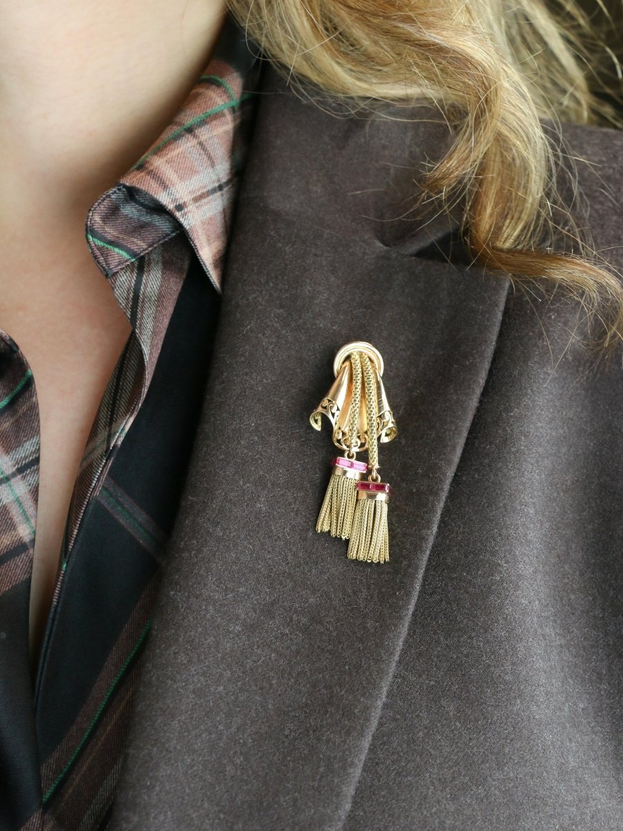 Broche passementerie or jaune rubis calibrés - Castafiore