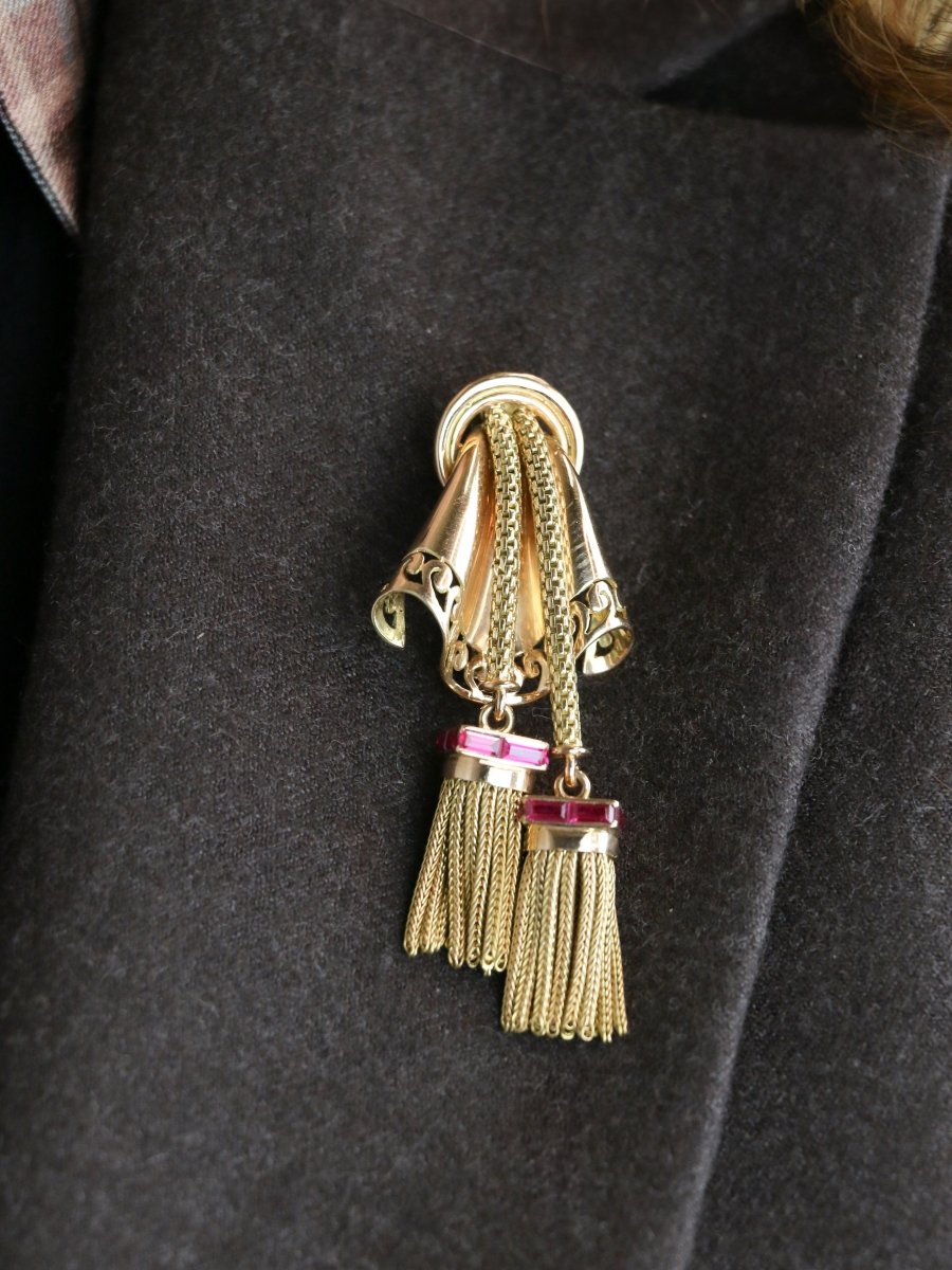 Broche passementerie or jaune rubis calibrés - Castafiore