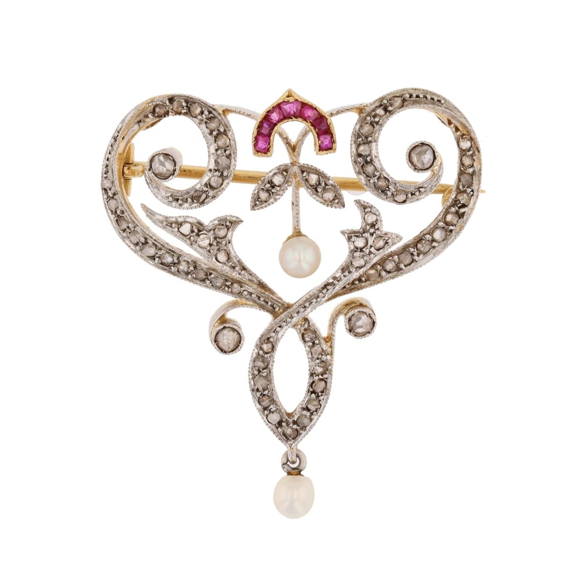 Broche pendentif Art Nouveau en or jaune et platine avec diamants, perles fines et rubis - Castafiore