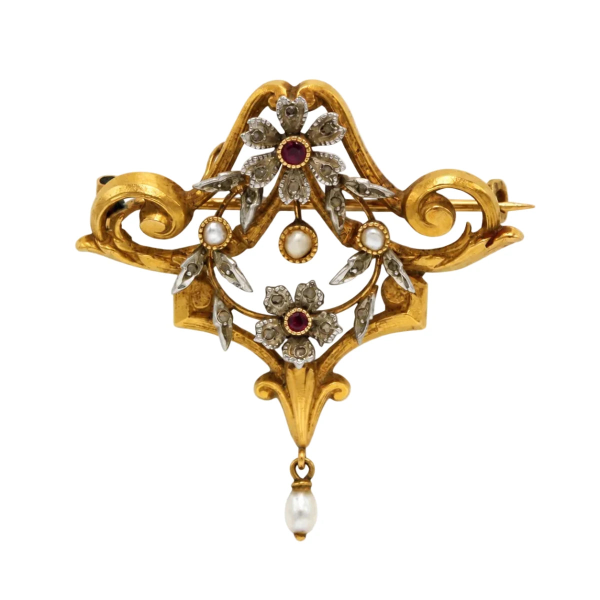 Broche Pendentif en or blanc, or jaune, grenats, perle et diamants - Castafiore