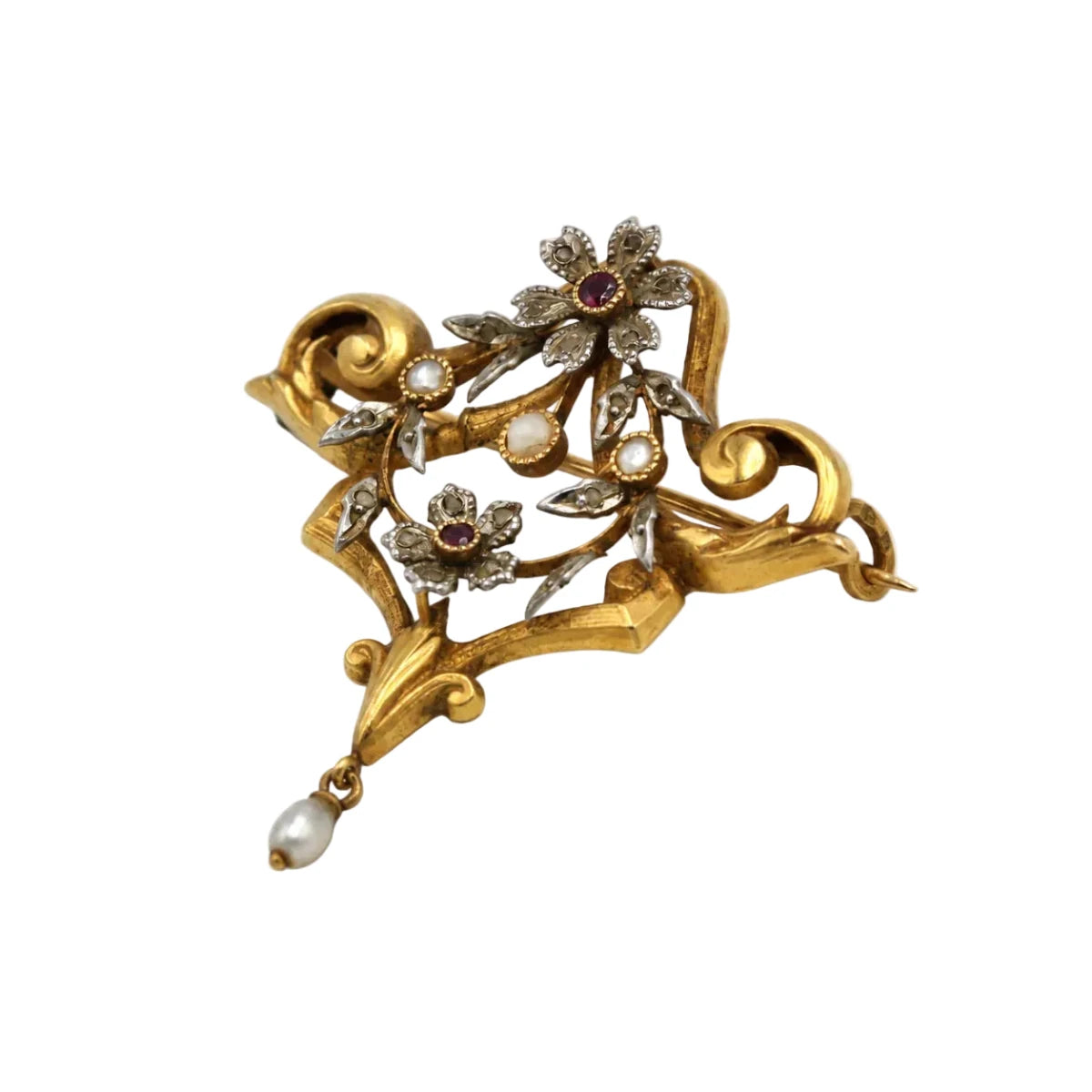 Broche Pendentif en or blanc, or jaune, grenats, perle et diamants - Castafiore