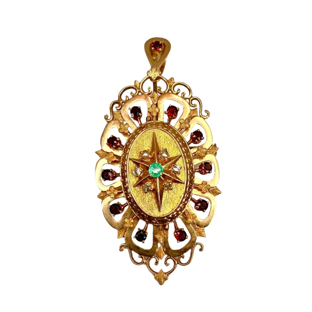 Broche pendentif en or jaune 18 carats en grenats, émeraude et diamants - Castafiore