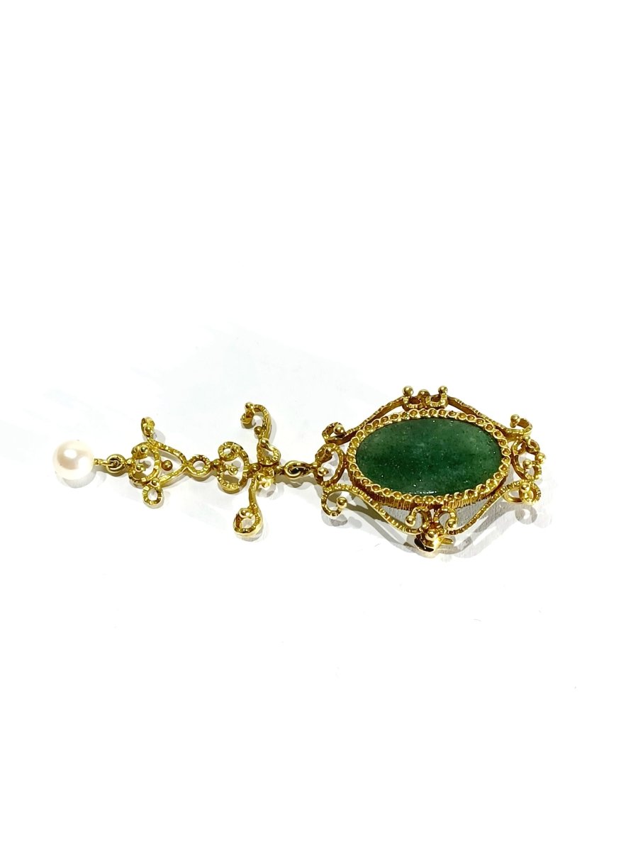 Broche Pendentif en or jaune, perle et jade - Castafiore