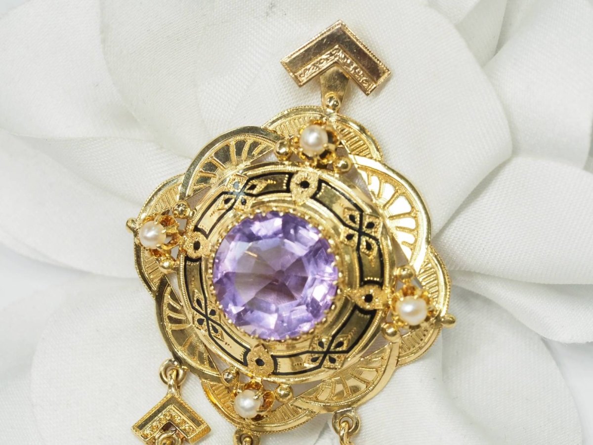 Broche pendentif Napoléon III en or jaune, améthyste et perles fines - Castafiore