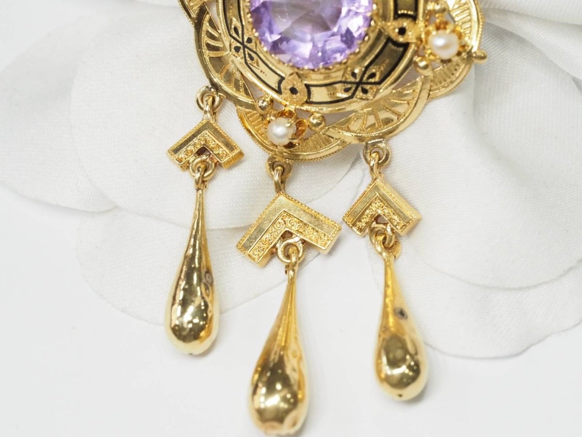 Broche pendentif Napoléon III en or jaune, améthyste et perles fines - Castafiore