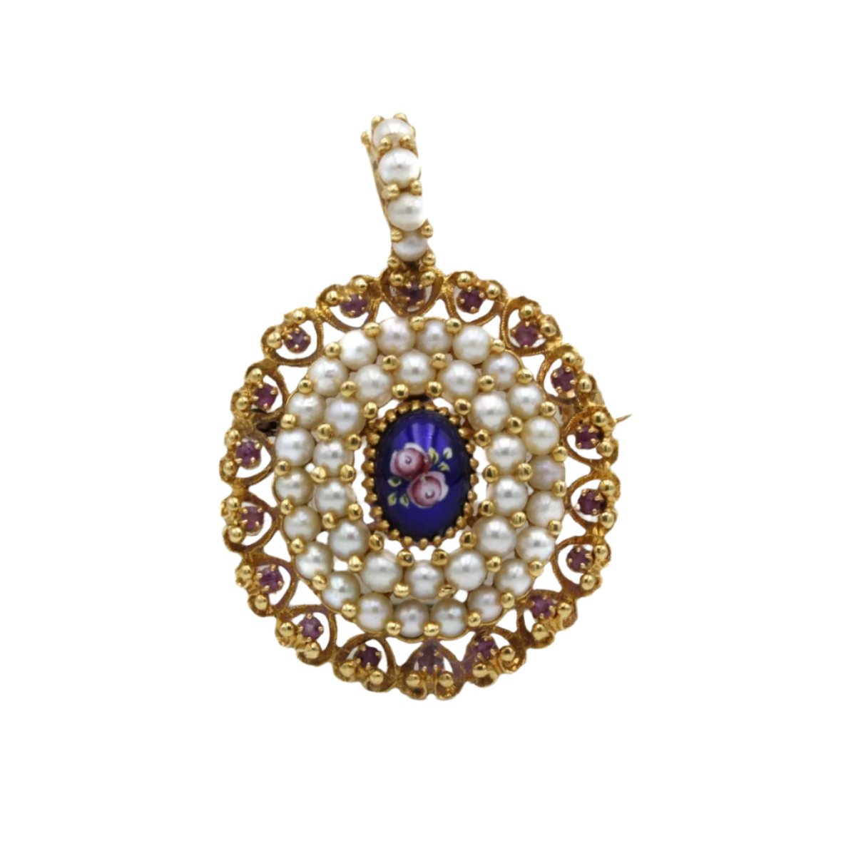 Broche Pendentif - Or, Email, Perles & Rubis - Castafiore