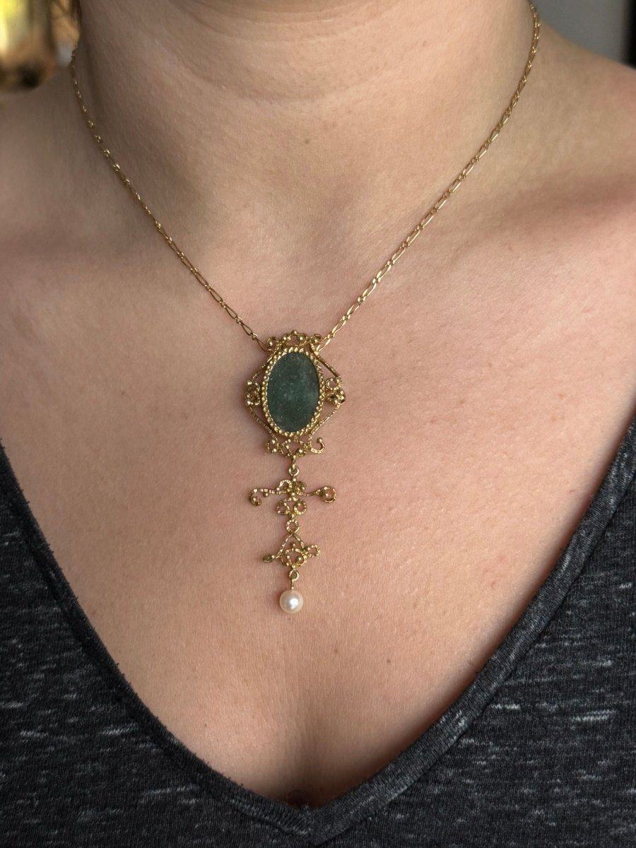 Broche Pendentif Or, Jade et Perle - Castafiore