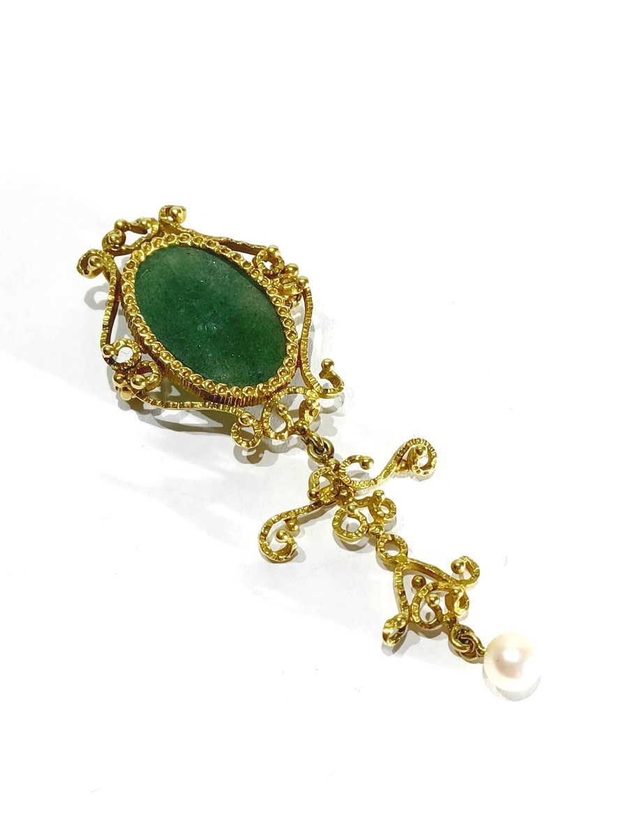 Broche Pendentif Or, Jade et Perle - Castafiore