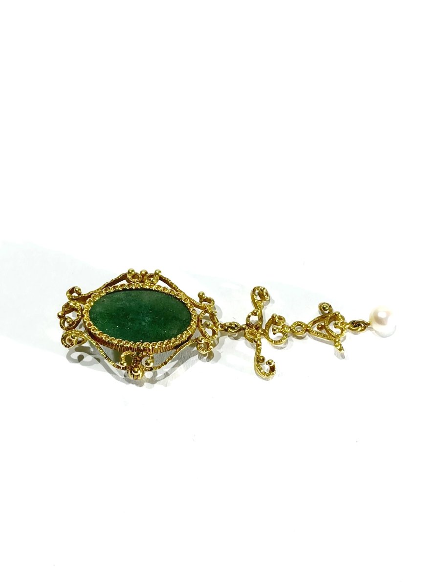 Broche Pendentif Or, Jade et Perle - Castafiore