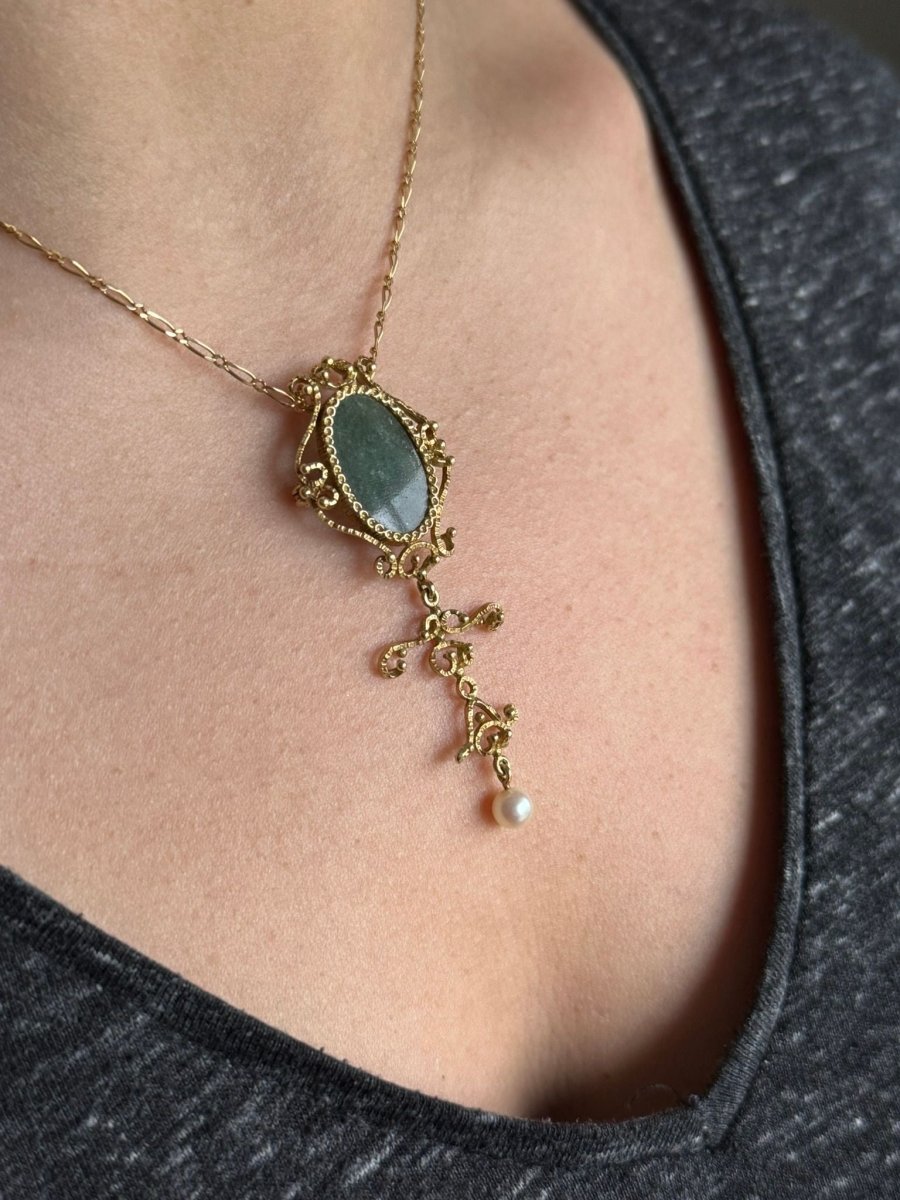 Broche Pendentif Or, Jade et Perle - Castafiore