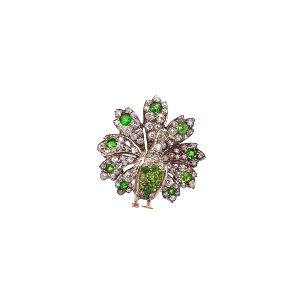 Broche pendentif Paon tsavorites et diamants des années 1900 - Castafiore