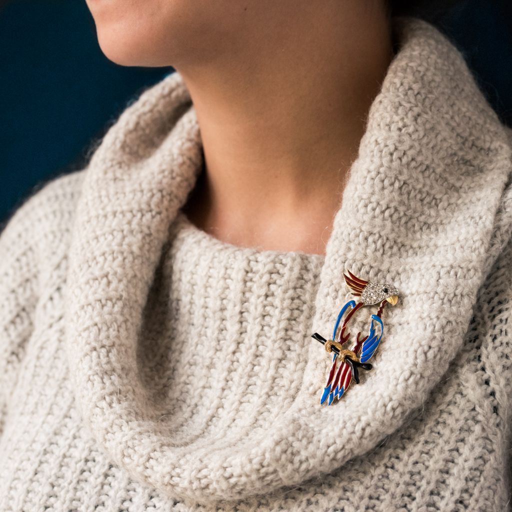 Broche perroquet émail diamants - Castafiore