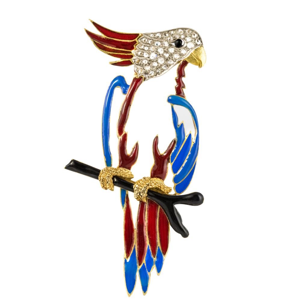 Broche perroquet émail diamants - Castafiore