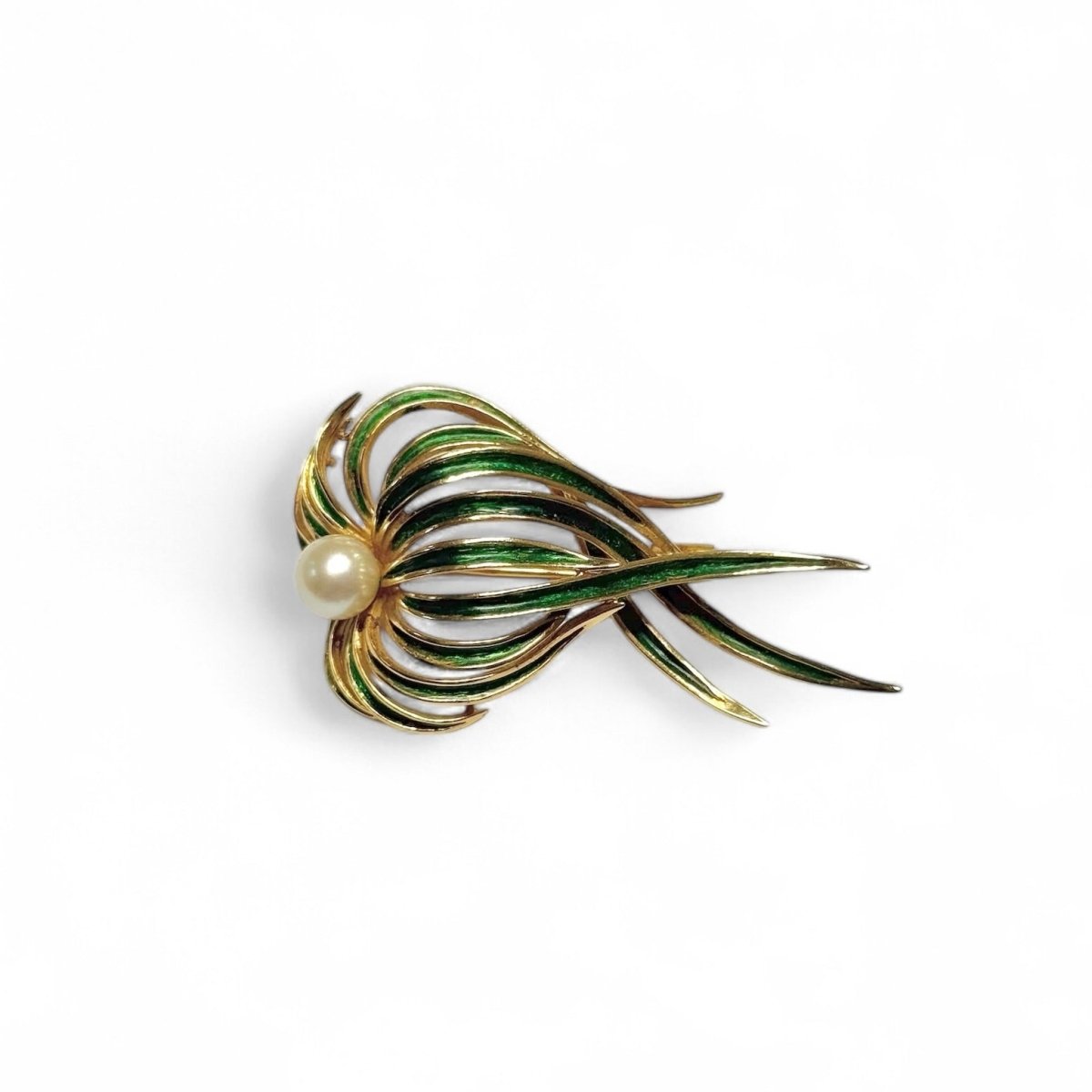 Broche « posidonie » en or jaune, émaillé vert et perle - Castafiore