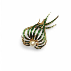 Broche « posidonie » en or jaune, émaillé vert et perle - Castafiore