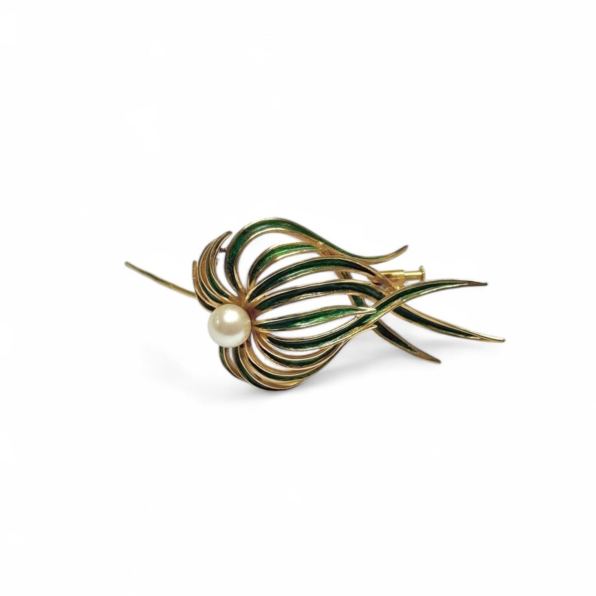 Broche « posidonie » en or jaune, émaillé vert et perle - Castafiore