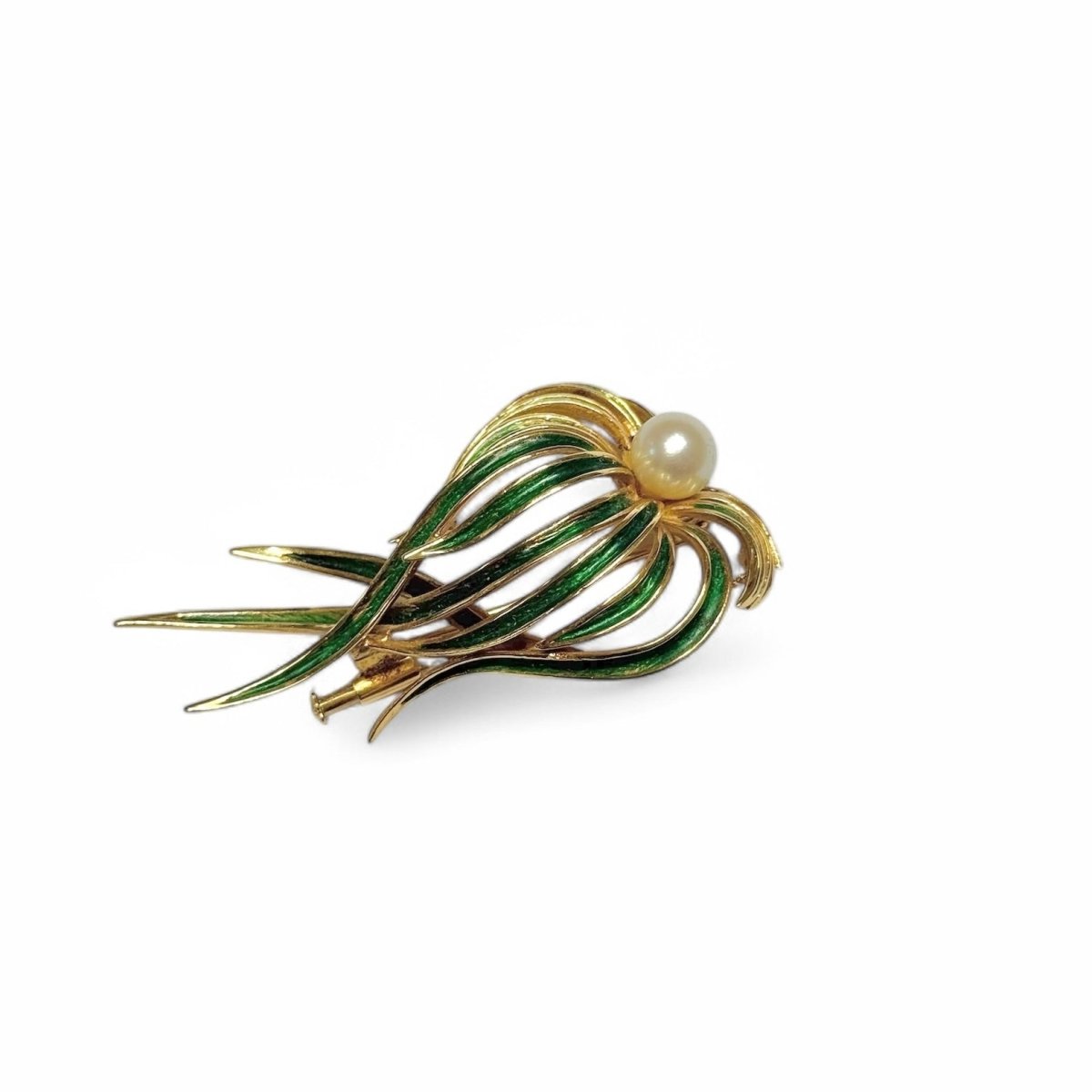 Broche « posidonie » en or jaune, émaillé vert et perle - Castafiore
