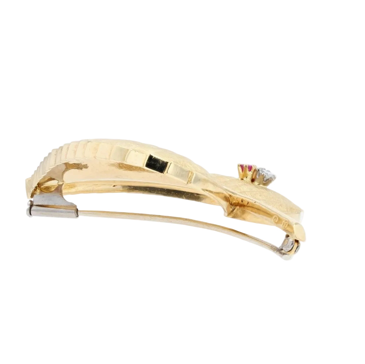 Broche rétro feuille en or jaune et blanc diamant et rubis - Castafiore