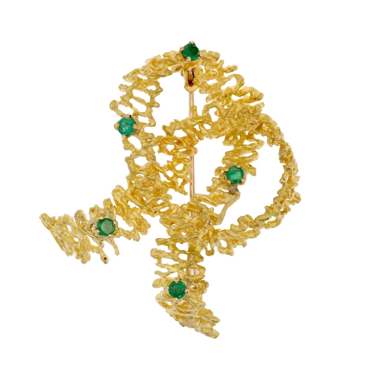 Broche rétro noeud en or jaune et émeraudes - Castafiore