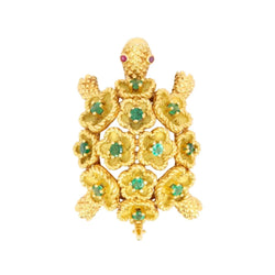 Broche Tortue en or jaune, émeraudes et rubis - Castafiore