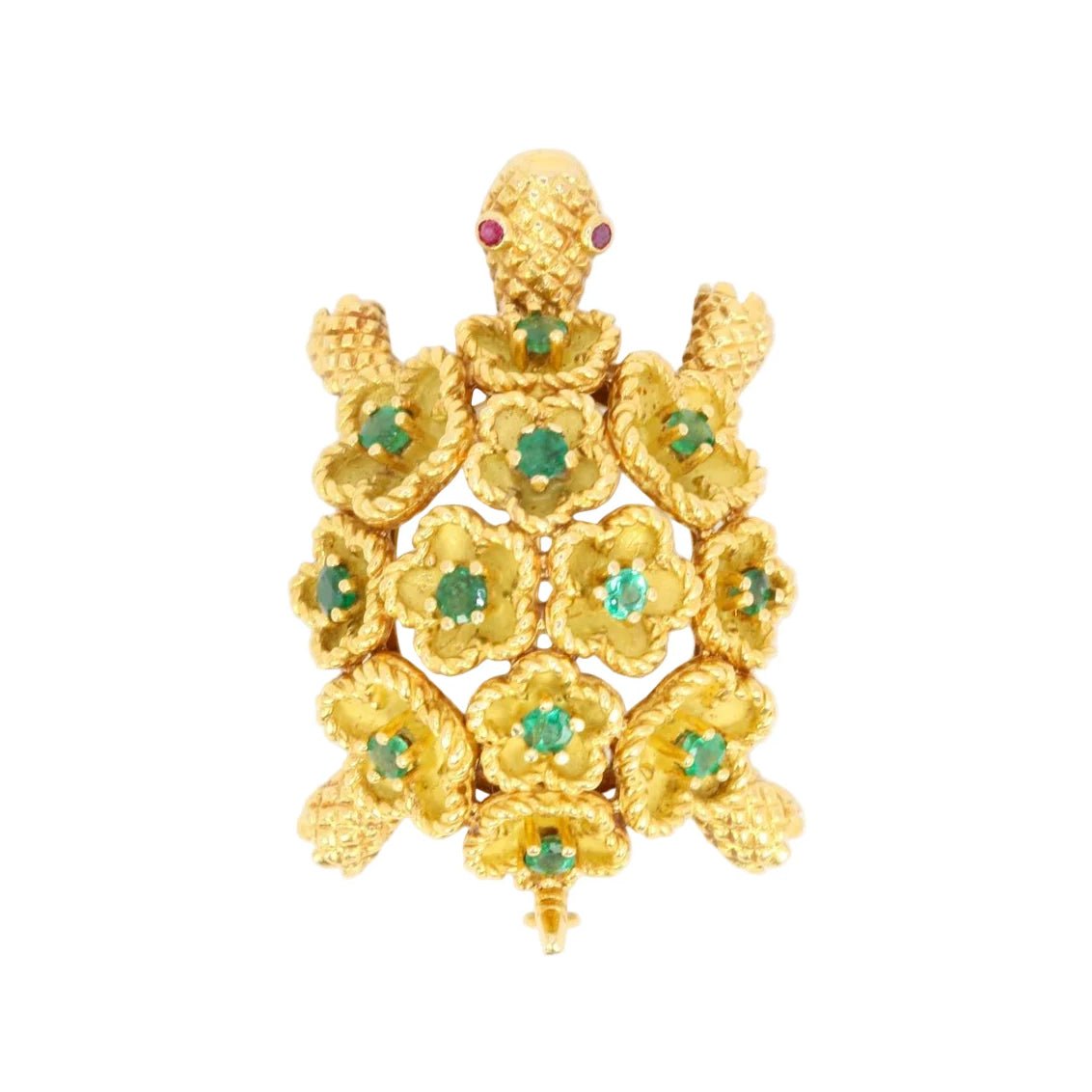 Broche Tortue en or jaune, émeraudes et rubis - Castafiore