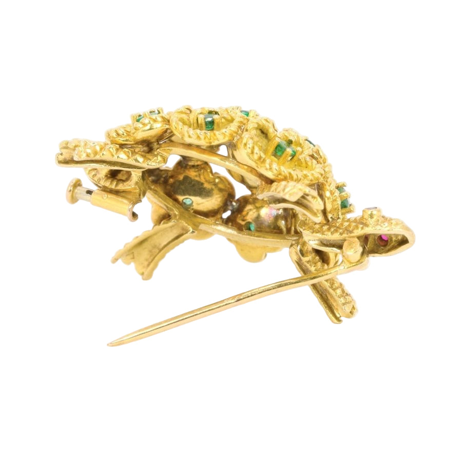 Broche Tortue en or jaune émeraudes rubis - Castafiore