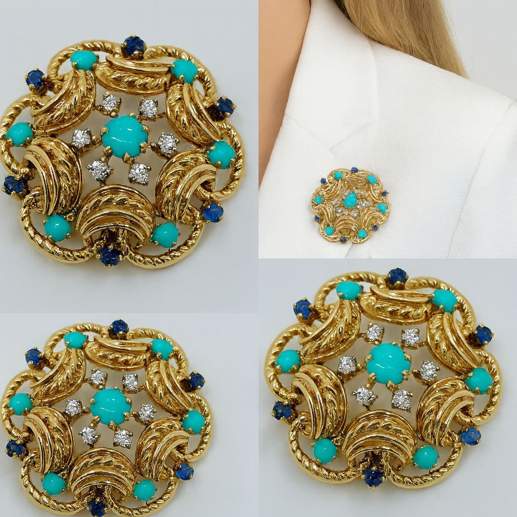 Broche turquoises saphirs et diamants époque 1950 - Castafiore