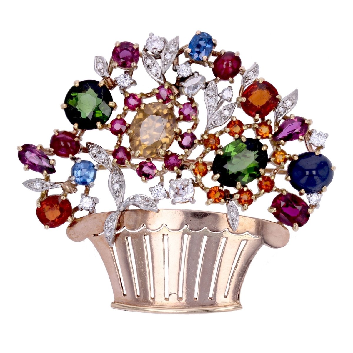 Broche TUTTI FRUTTI Panier en or rose et platine - Castafiore