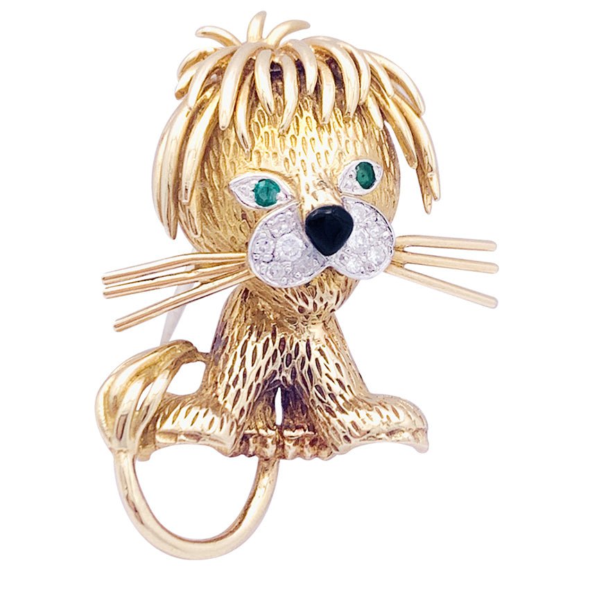 Broche Van Cleef & Arpels, "Lion ébouriffé", en or jaune, diamants, émeraudes et émail. - Castafiore