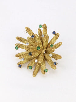 Broche vintage anémone or jaune diamants émeraudes saphirs - Castafiore