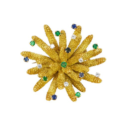 Broche vintage anémone or jaune diamants émeraudes saphirs - Castafiore