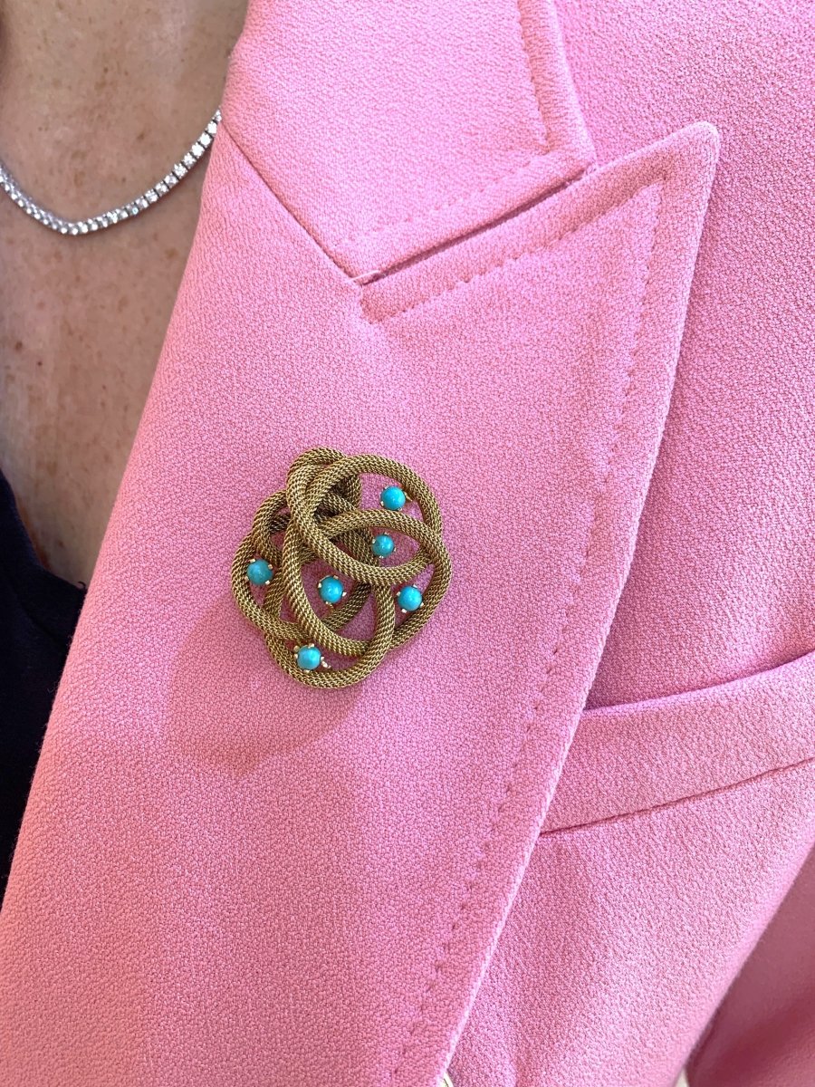 Broche Vintage Nœud Torsadé Turquoises Or Jaune 18 Carats - Castafiore