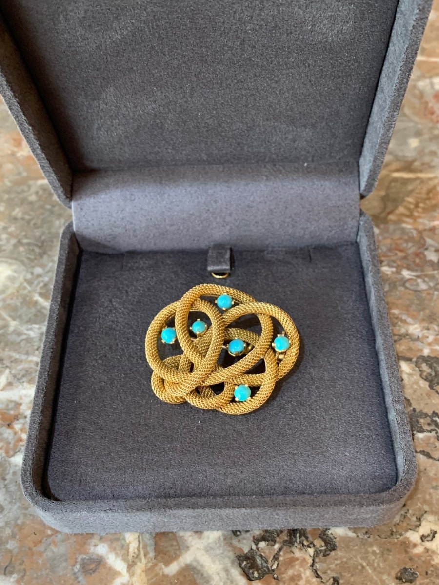 Broche Vintage Nœud Torsadé Turquoises Or Jaune 18 Carats - Castafiore