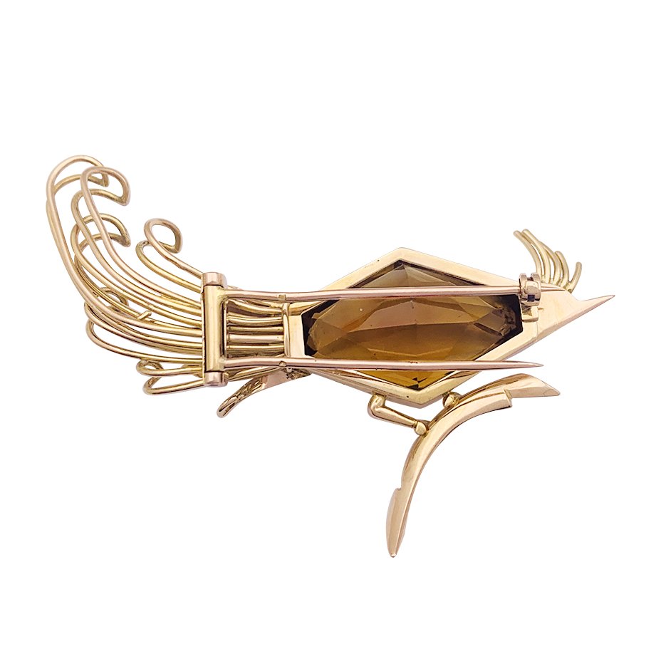 Broche vintage "Oiseau de Paradis" en or rose, citrine et émeraude - Castafiore