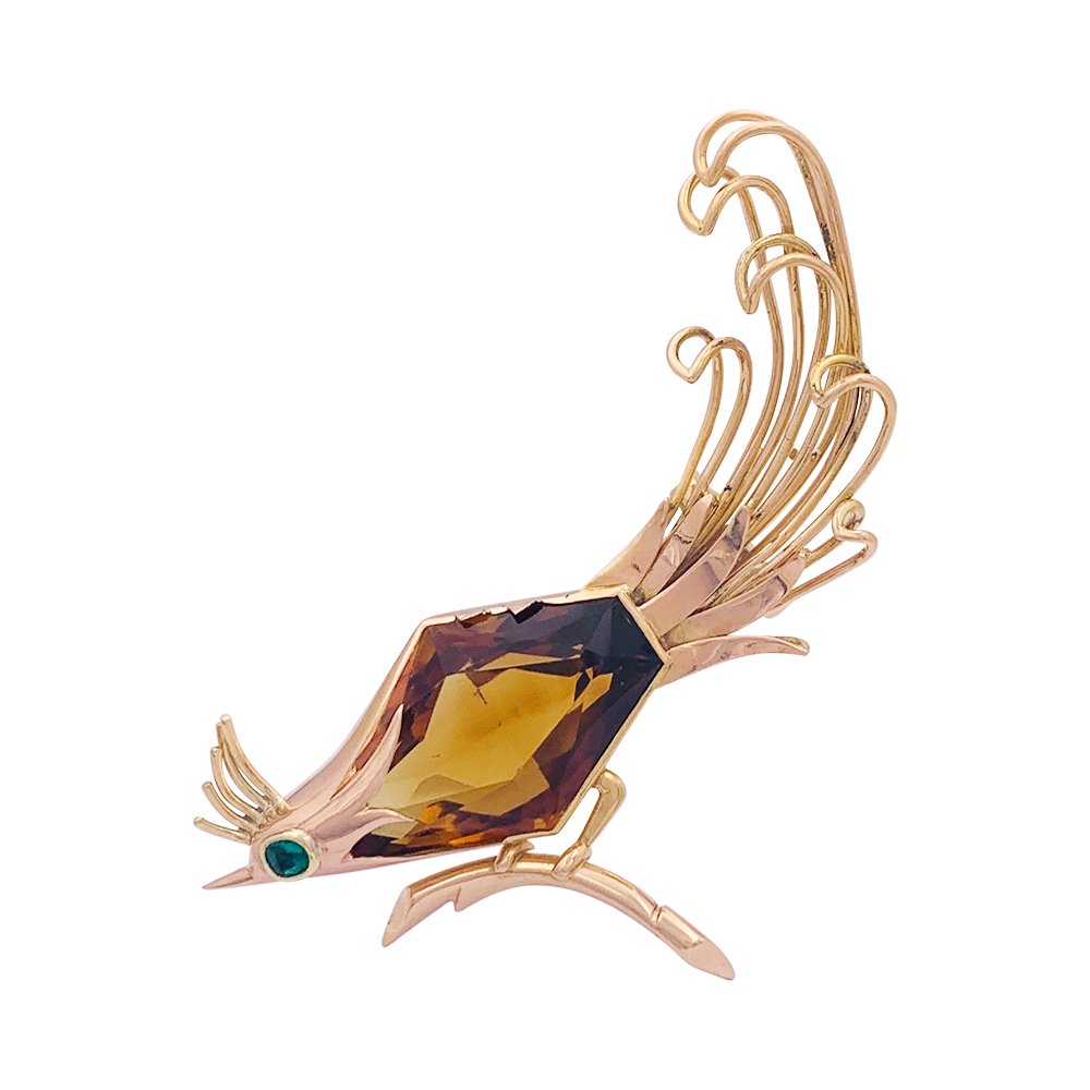 Broche vintage "Oiseau de Paradis" en or rose, citrine et émeraude - Castafiore
