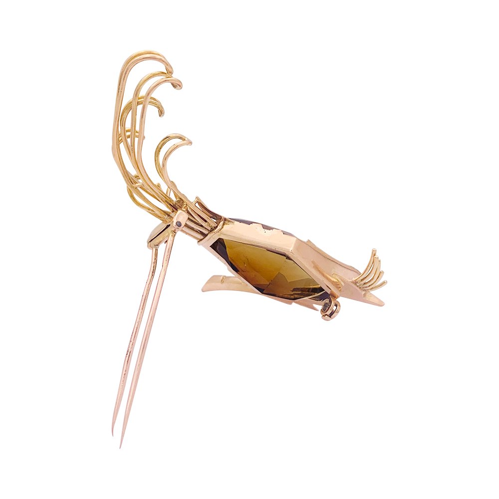 Broche vintage "Oiseau de Paradis" en or rose, citrine et émeraude - Castafiore