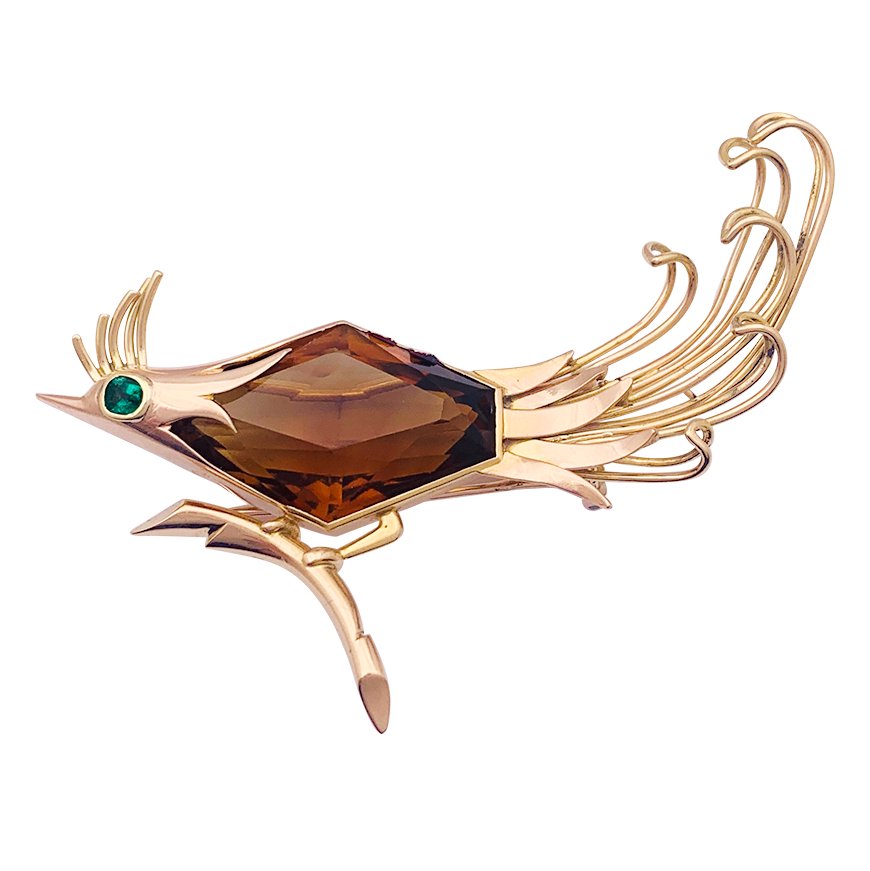 Broche vintage "Oiseau de Paradis" en or rose, citrine et émeraude - Castafiore
